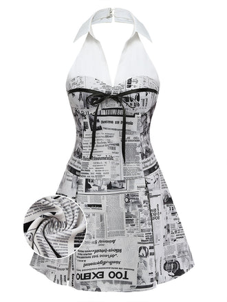 Grey 1960s Newspaper Print Halter V-Neck Dress