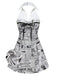 Grey 1960s Newspaper Print Halter V-Neck Dress