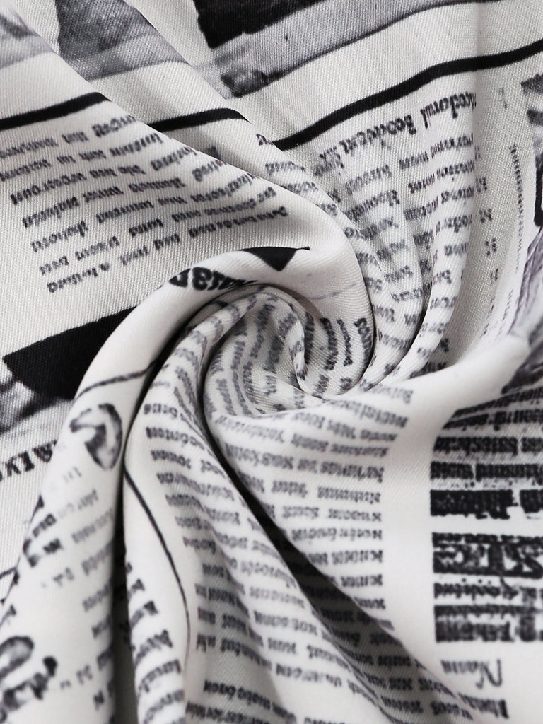 Grey 1960s Newspaper Print Halter V-Neck Dress fabric-detail