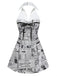Grey 1960s newspaper print halter V-neck dress with a flattering fit-and-flare silhouette. An iconic retro look for cocktail parties or themed events.