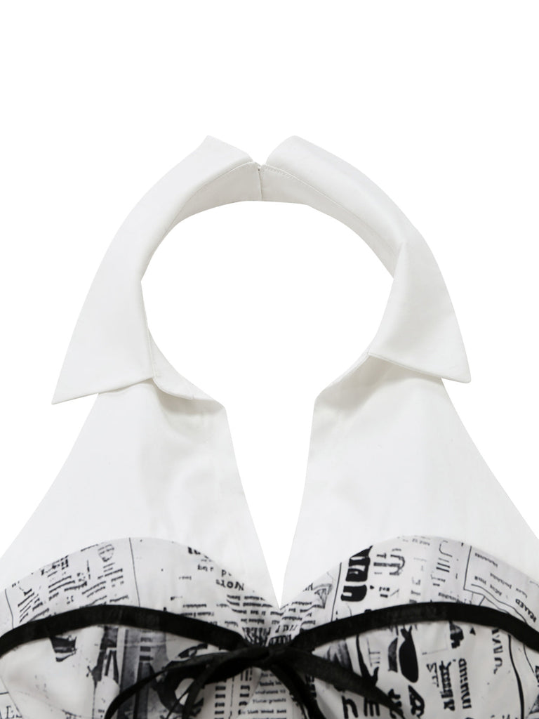 Grey 1960s Newspaper Print Halter V-Neck Dress halter-closeup