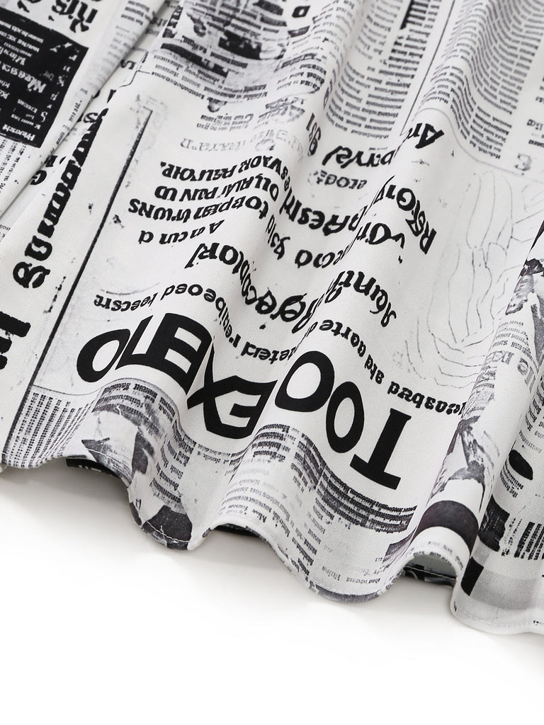 Grey 1960s Newspaper Print Halter V-Neck Dress hemline-detail