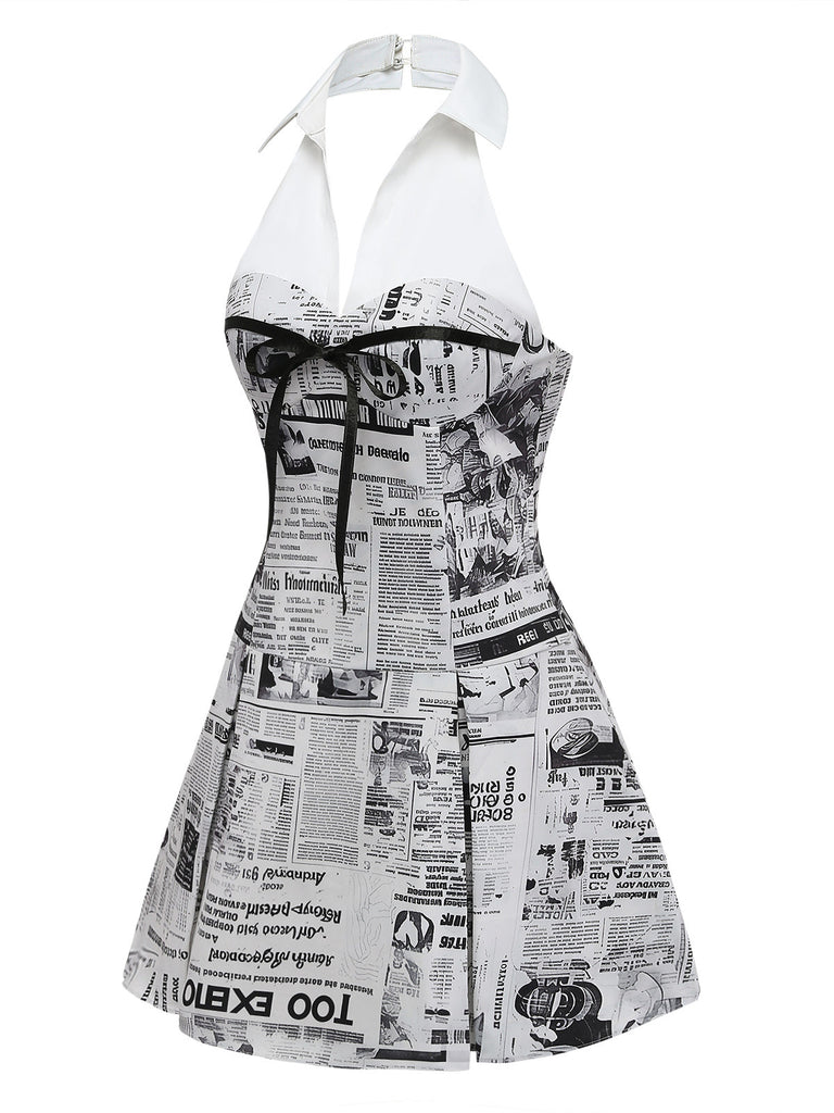 Grey 1960s Newspaper Print Halter V-Neck Dress side-view