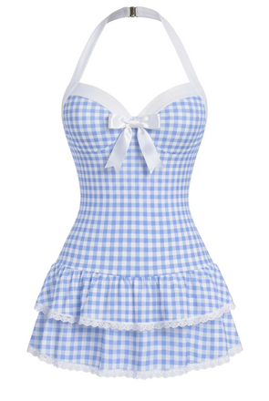 [Pre-Sale] Light Blue 1940s Halter Polka Dots Bow One-Piece Swimsuit