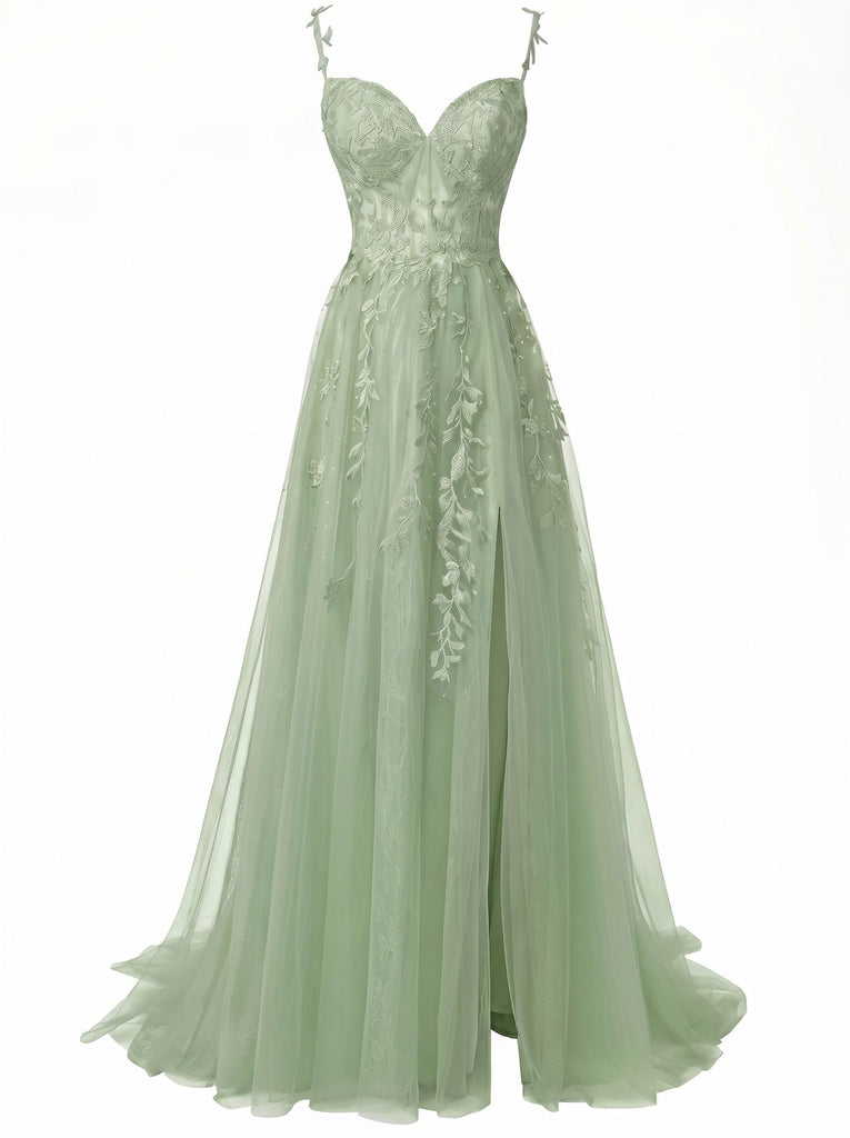 Green 1930s Spaghetti Strap Lace Tulle Maxi Dress