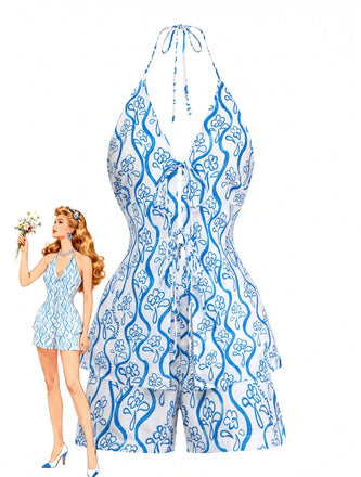 2PCS Blue 1950s Abstract Print Tie Front Halter Top & Shorts