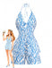 2PCS Blue 1950s Abstract Print Tie Front Halter Top & Shorts