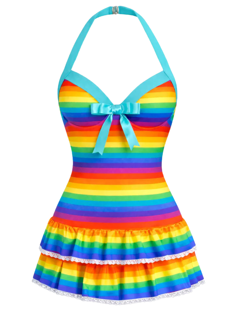 [Pre-Sale] 1940s Halter Rainbow Striped Bow One-Piece Swimsuit