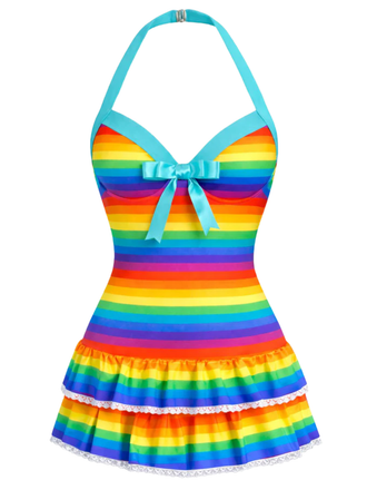 [Pre-Sale] 1940s Halter Rainbow Striped Bow One-Piece Swimsuit