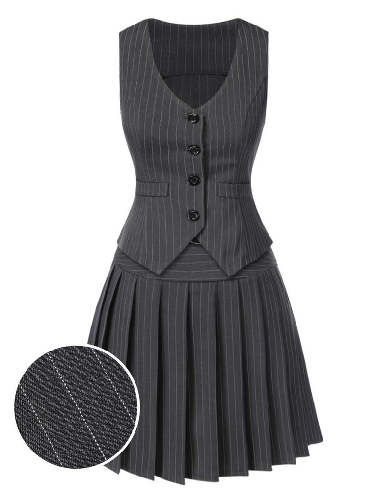 2PCS Dark Gray 1960s Pinstripes Top & Pleated Skirt