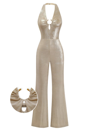 Vintage-inspired khaki metallic flared jumpsuit with deep V halter neckline and open back, ideal for 80s themed parties, dance floors, and festive events