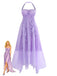A light purple halter-neck maxi dress featuring a sweetheart bodice and vertical ruffles cascading down a sheer, layered handkerchief hemline.