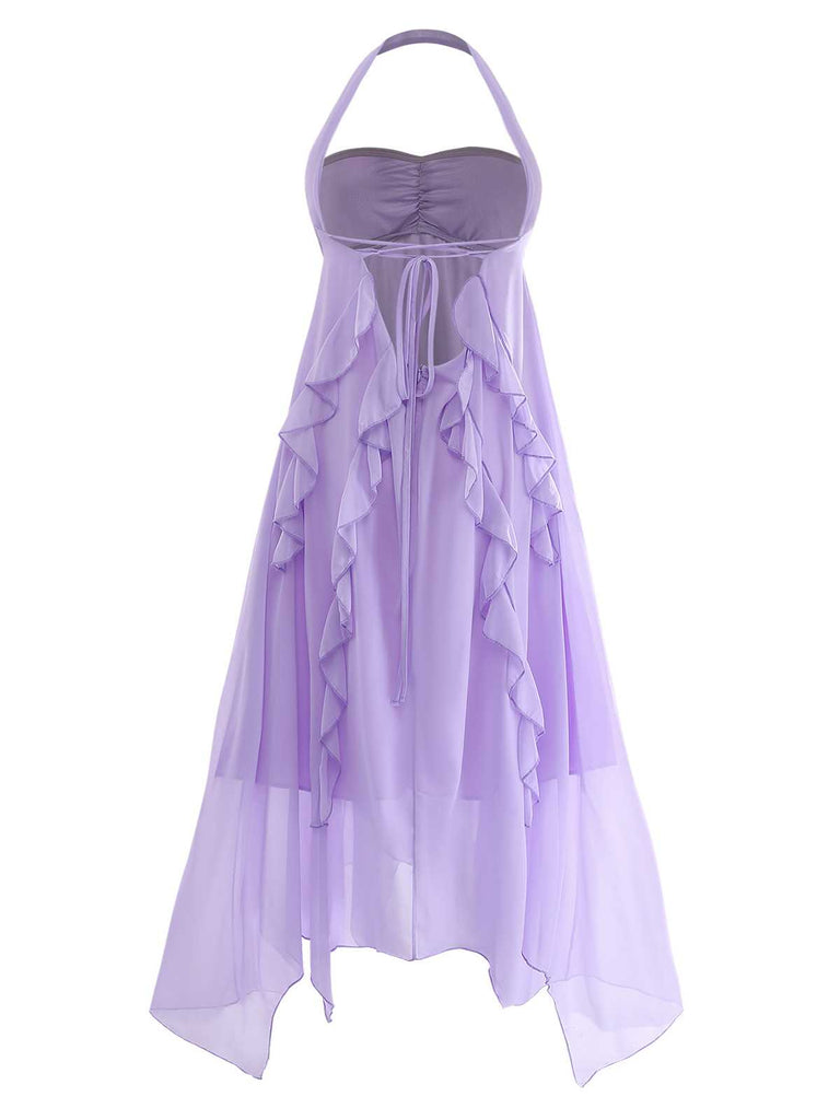 Rear view of the lavender halter dress showcasing the open-back design and the airy, semi-sheer fabric.