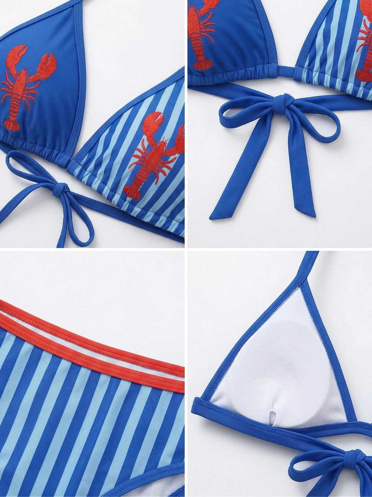 A multi-panel detail shot showing the lobster print, the striped fabric texture, the red waist trim, and the interior lining of the bikini top.