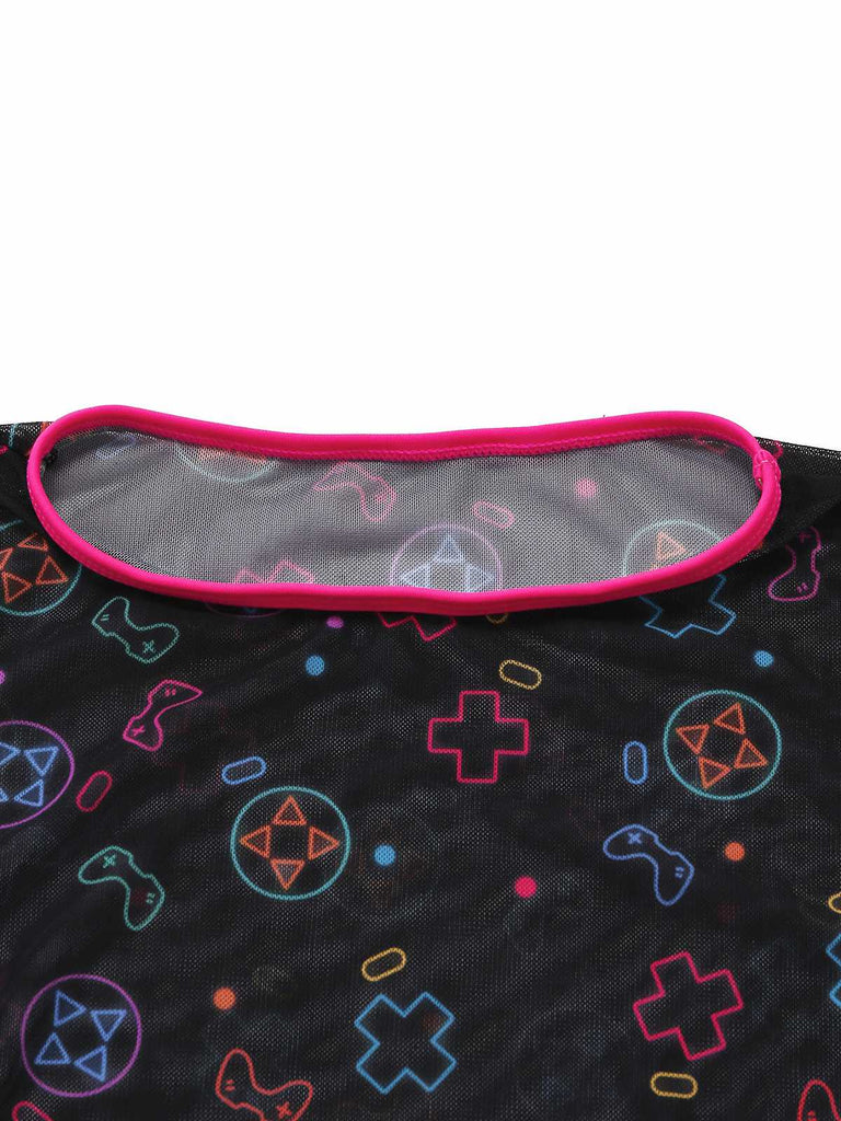 Close-up of the round neckline and pink piping detail on the black sheer mesh fabric.