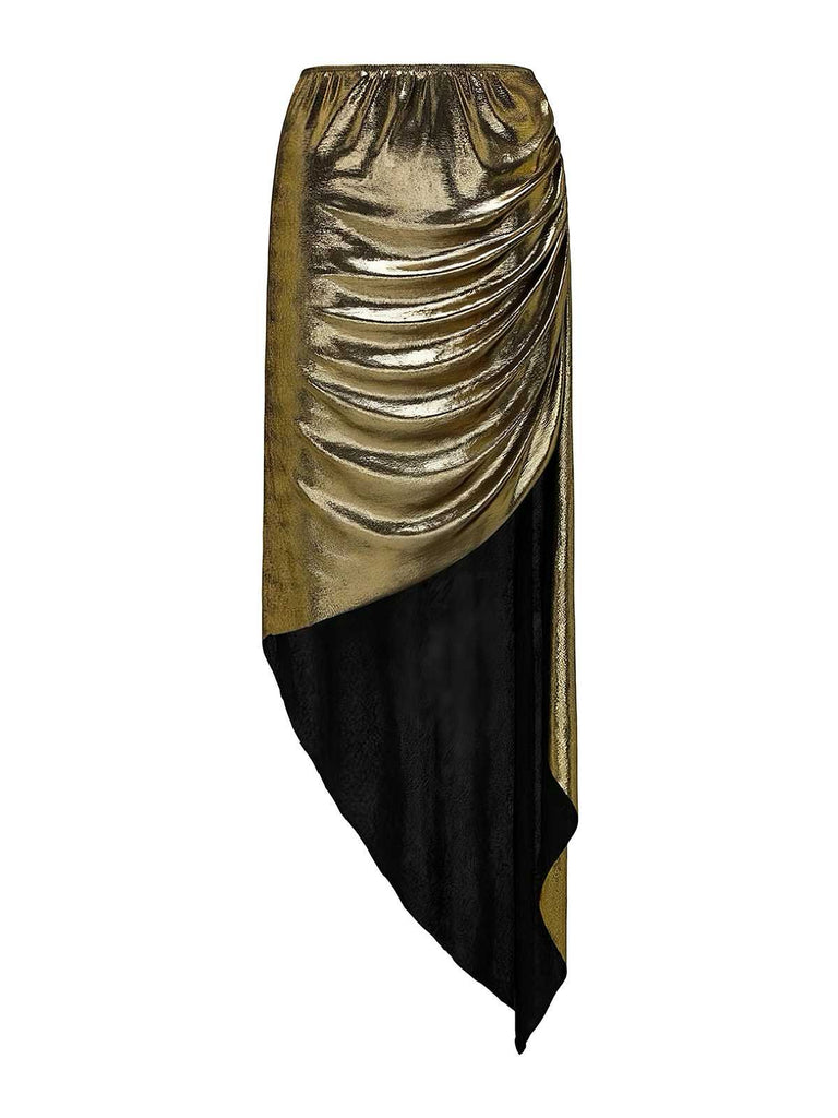 Front view of the metallic gold sarong cover-up with textured draping and long black fringe.