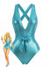 A metallic teal one-piece swimsuit featuring a textured snake-print pattern, a plunging V-neckline, criss-cross shoulder straps, and a matching tie-waist belt.