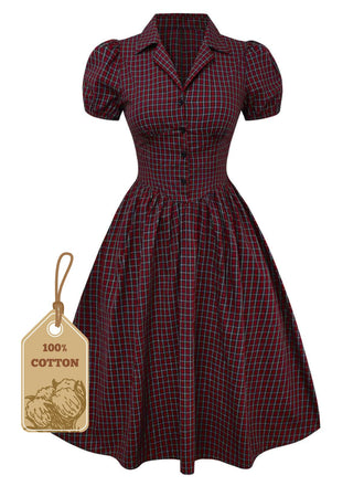 Red 1950s Plaid Lapel Puff Sleeves Cotton Dress