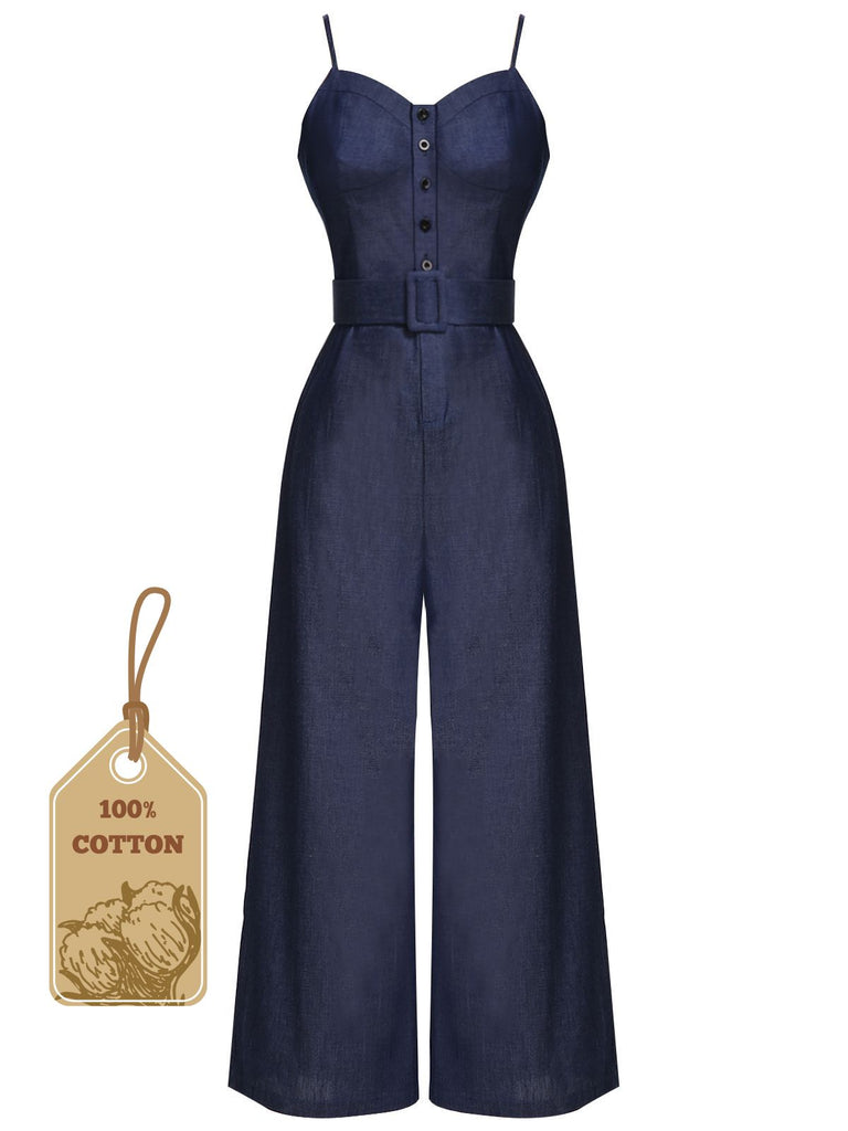 [US Warehouse] Navy Blue 1930s Cowboy Solid Strap Jumpsuit