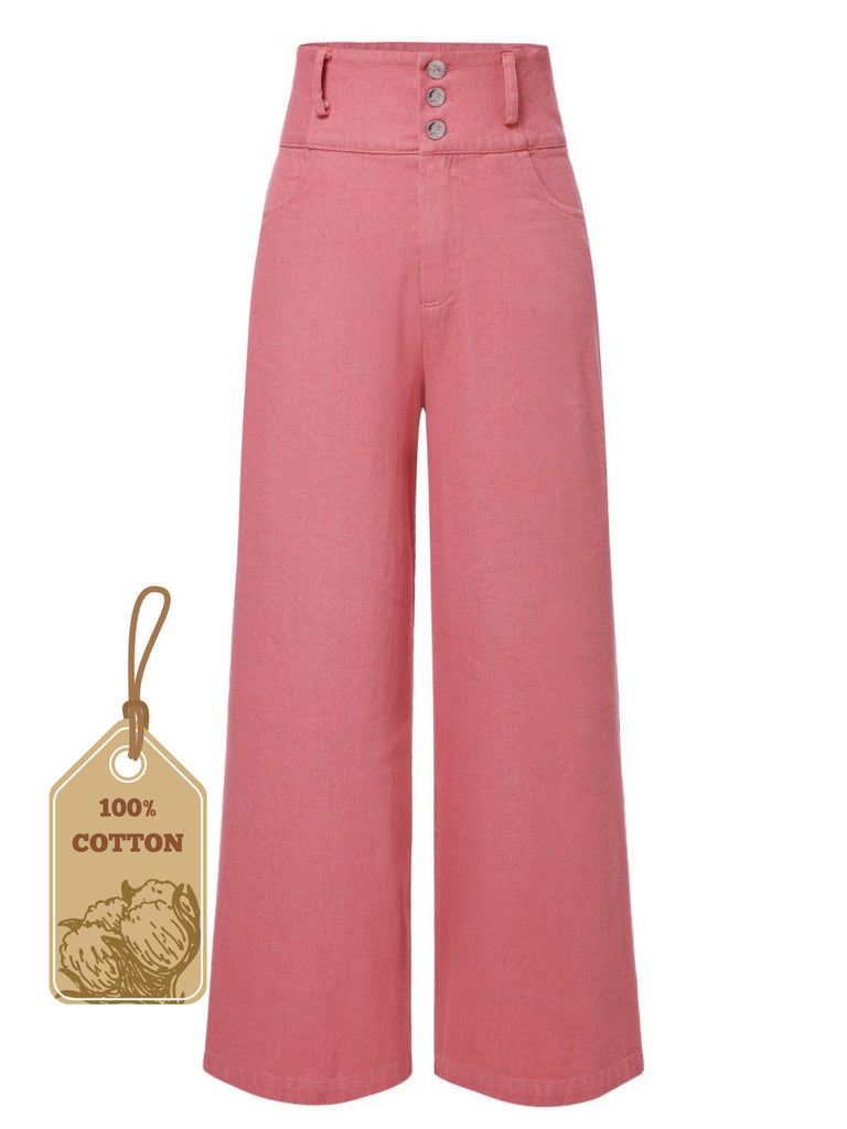 [Pre-Sale] Pink 1950s Cotton Rose Button Pants