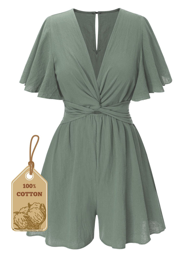1950s Solid V-Neck Cotton Flounce Sleeve Romper