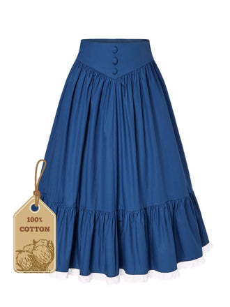 Blue 1940s Cotton Lace Hem Pleated Skirt