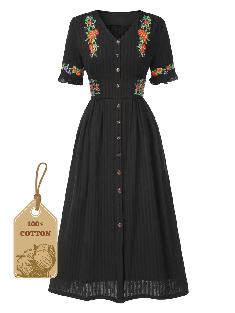 Pure Cotton Beige 1940s V-Neck Floral Dress