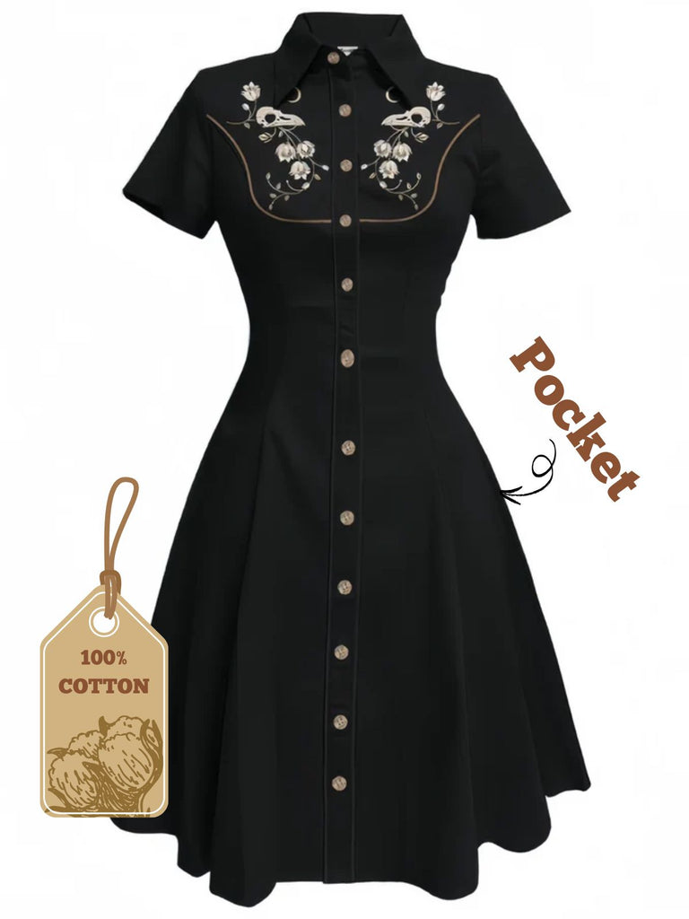 [Pre-Sale] Black 1940s Cotton Floral Embroidered Western Style Dress