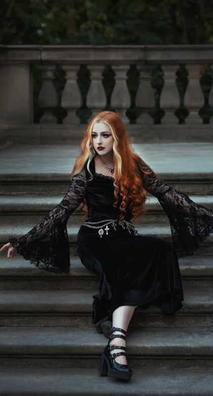 Black 1980s Gothic Slit Flared Sleeve Lace V-Neck Dress