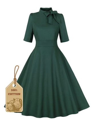 Green 1950s Cotton Tie Elbow Sleeves Dress
