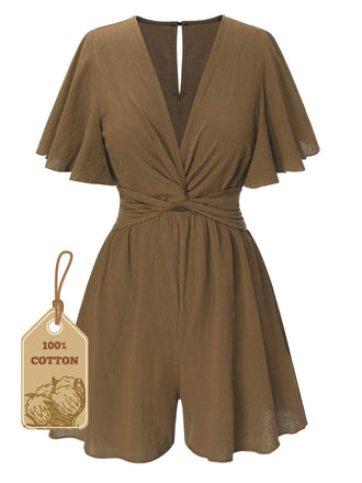 1950s Solid V-Neck Cotton Flounce Sleeve Romper