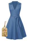 [Pre-Sale] [Plus Size] Blue 1940s Surplice Neck Lapel Denim Dress
