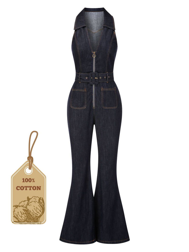 [Pre-Sale] Blue 1970s Denim Collar Belted Flared Jumpsuit