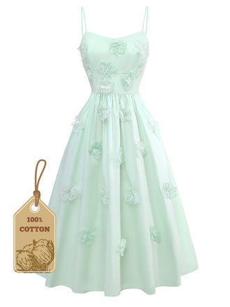 Green 1940s U-Neck Solid Jacquard Pure Cotton Dress