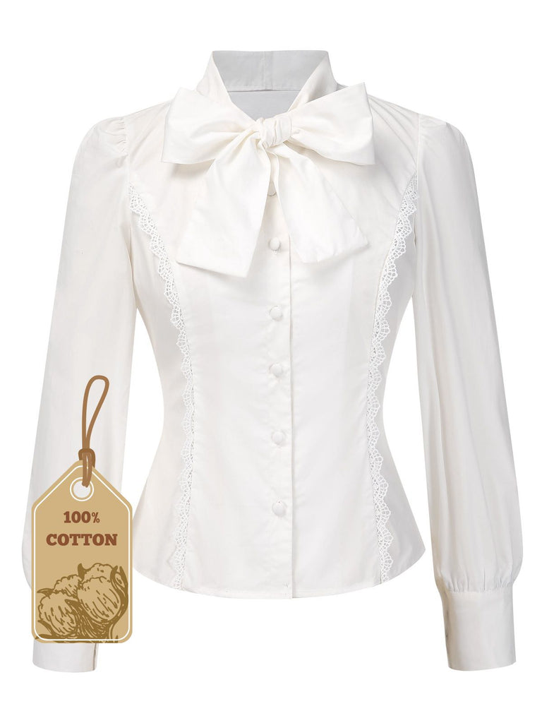 [Pre-Sale] White 1950s Solid Cotton Tie-Neck Bow Blouse