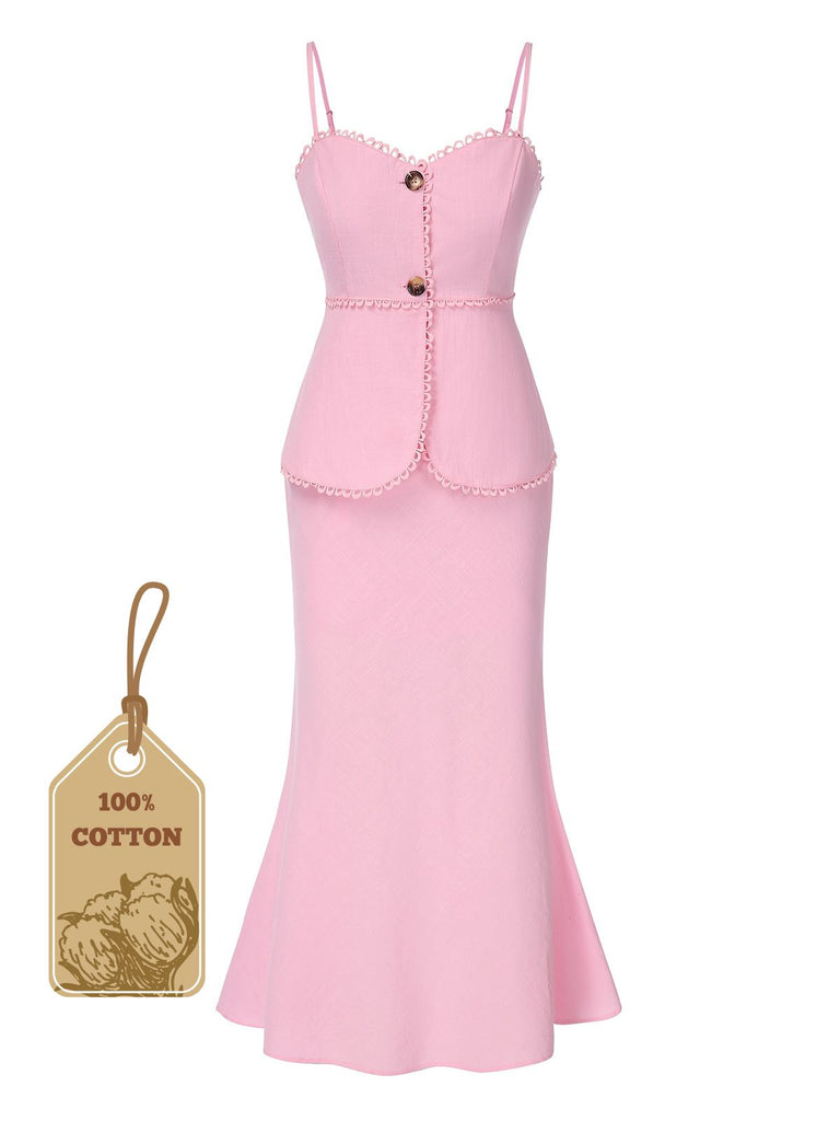 2PCS Pink 1930s Solid Cotton Spaghetti Strap Camisole & Fishtail Skirt