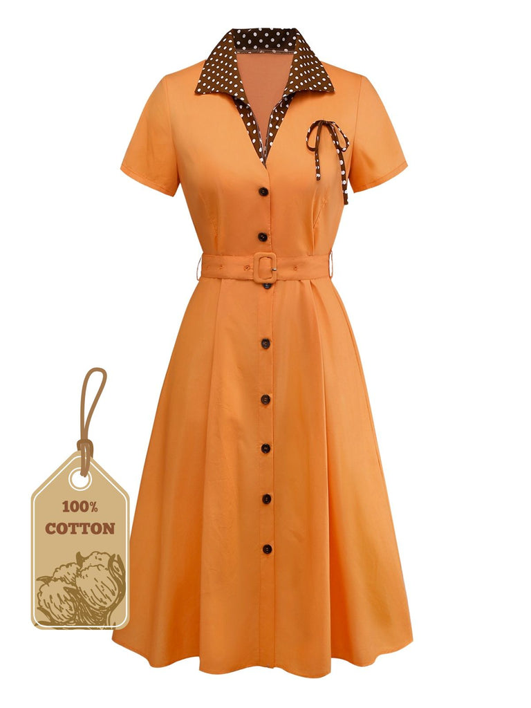 [Pre-Sale] Orange 1940s Cotton Polka Dot Lapel Bow Dress