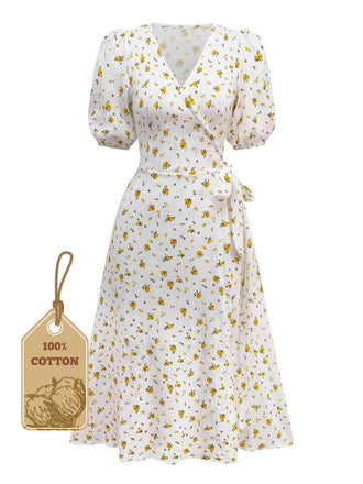 White 1940s Ditsy Floral Cotton Wrap Dress