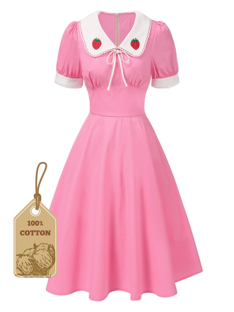 [Pre-Sale] Pink 1950s Cotton Strawberry Embroidered Puff Sleeves Dress