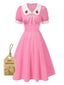 [Pre-Sale] Pink 1950s Cotton Strawberry Embroidered Puff Sleeves Dress