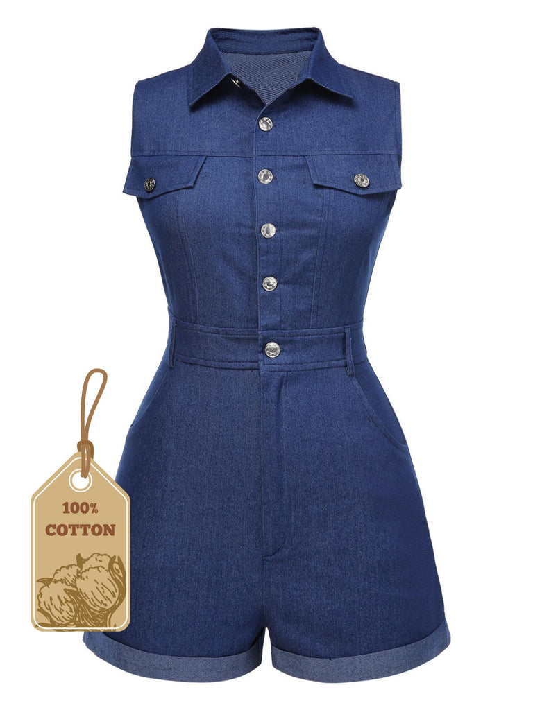 [Pre-Sale] Blue 1970s Solid Cotton Sleeveless Denim Romper