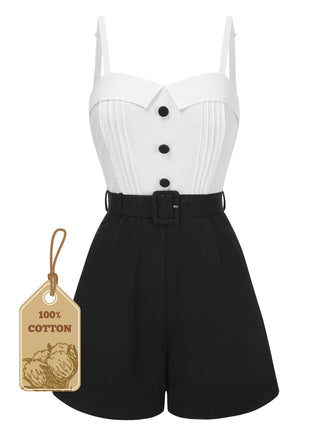 White & Black 1950s Cotton Spaghetti Straps Romper