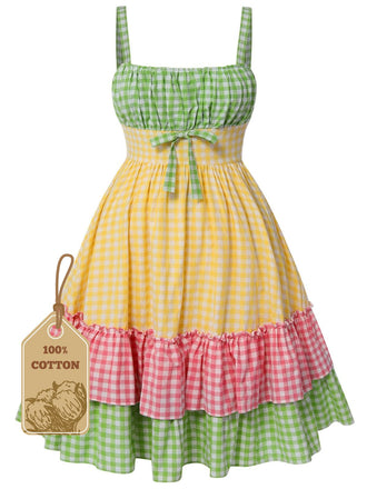 [Plus Size] Multicolor 1950s Pure Cotton Straps Plaid Dress