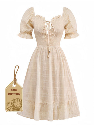 Apricot 1950s Solid Cotton Tie-Back Smocked Dress