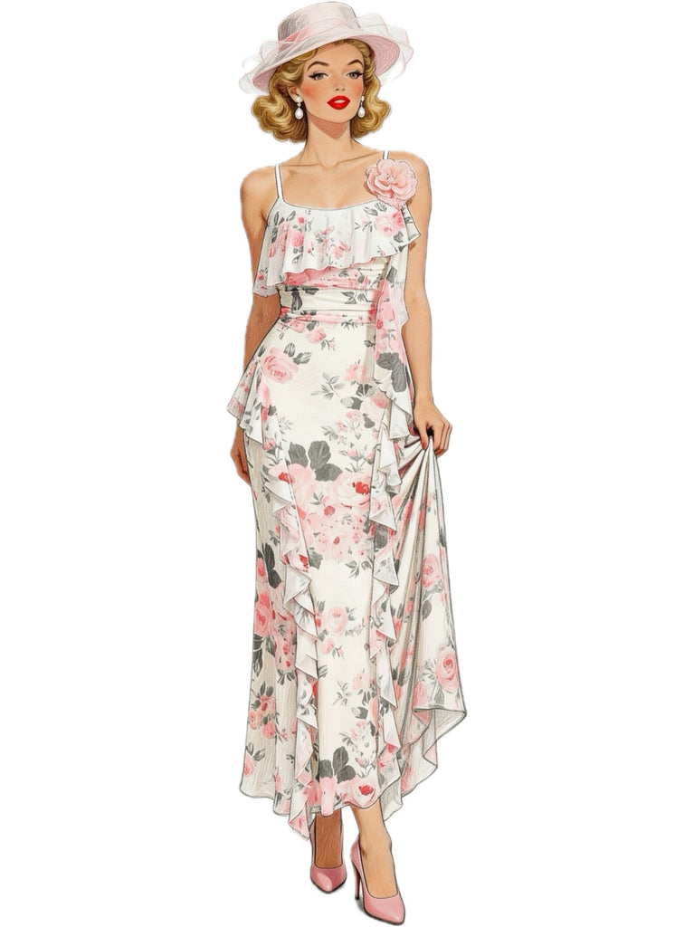 A model wearing the pink floral ruffle maxi dress paired with a matching wide-brimmed floral hat.