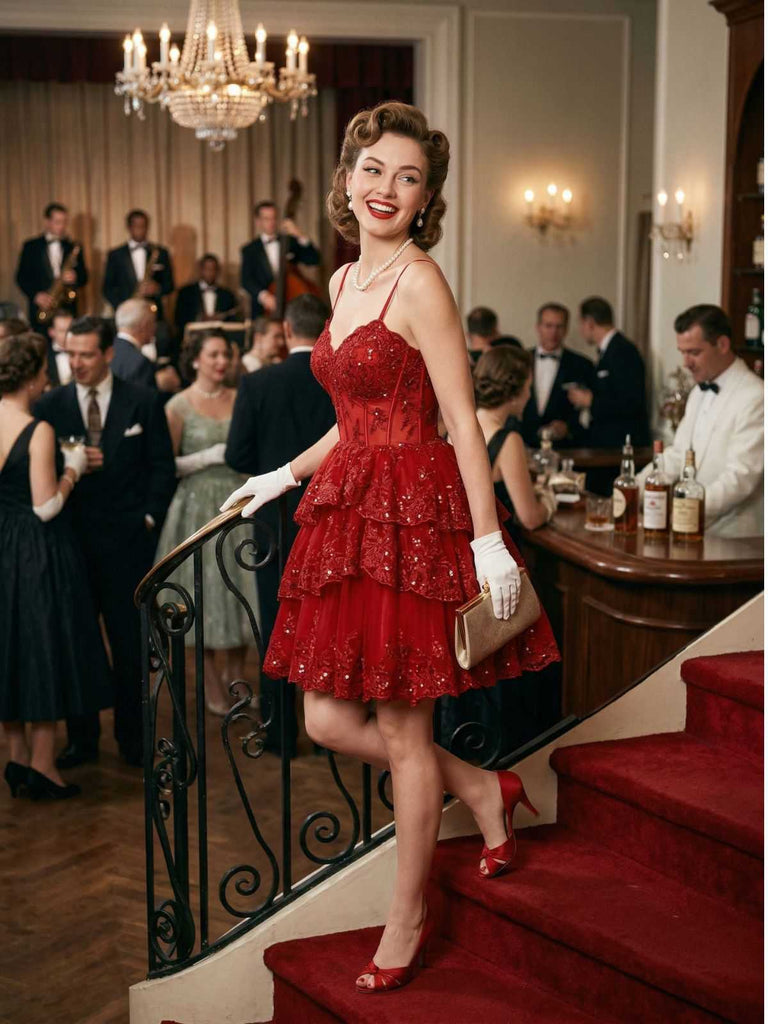 A model wearing the red tiered tulle dress in a formal ballroom setting, demonstrating the fit and occasion style.