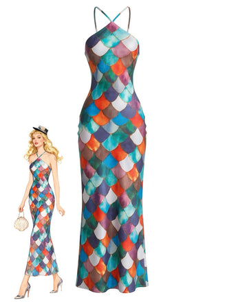A form-fitting halter neck maxi dress featuring a vibrant, multicolored mermaid scale pattern with a cross-back strap design.