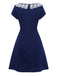 Rear view of the navy blue A-line vintage dress on a white background, showcasing the clean and simple back design.