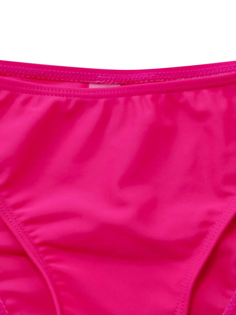 Detailed shot of the high-cut neon pink bikini bottoms showcasing the vibrant color and smooth swim fabric.