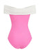 pink and white off-the-shoulder one-piece swimsuit with a sweetheart neckline and waist bow